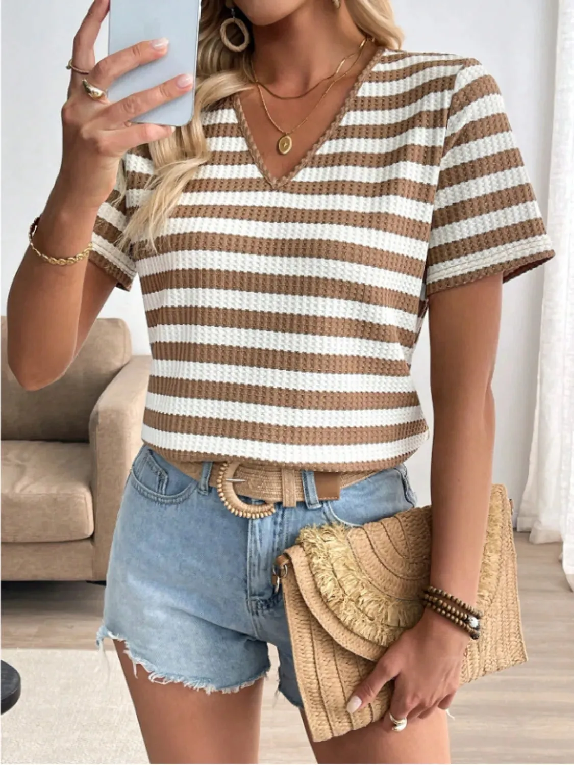 Striped V-Neck Short Sleeve T-Shirt sold by Charming Charlie product image thumbnail 3