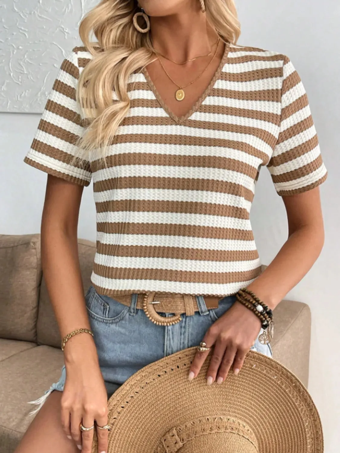 Striped V-Neck Short Sleeve T-Shirt sold by Charming Charlie