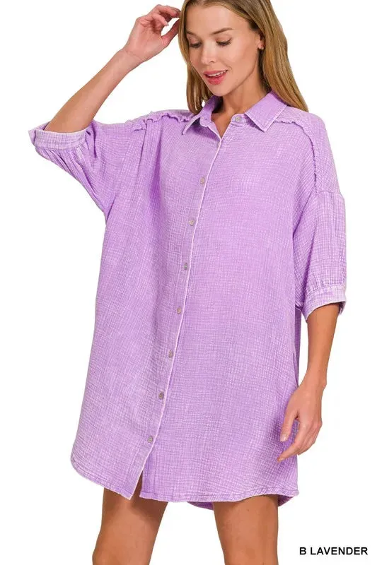 Zenana Washed Double Gauze Button Down Shirt Dress sold by Charming Charlie product image thumbnail 5