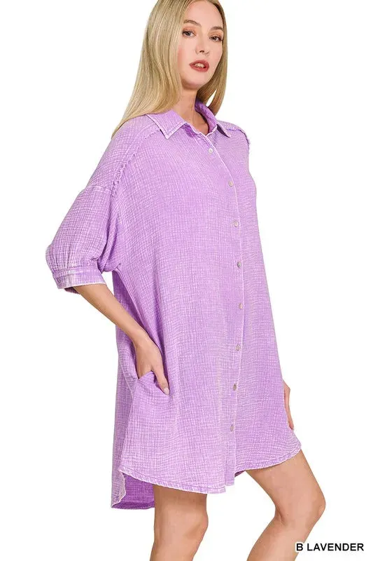 Zenana Washed Double Gauze Button Down Shirt Dress sold by Charming Charlie product image thumbnail 2