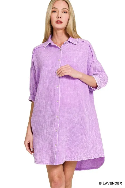 Zenana Washed Double Gauze Button Down Shirt Dress sold by Charming Charlie