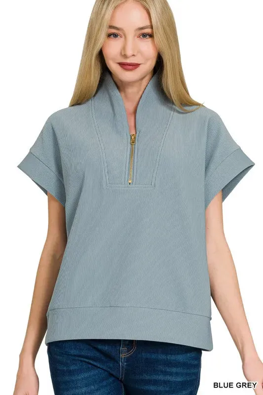 Zenana Ribbed High Neck Half Zip Top sold by Charming Charlie