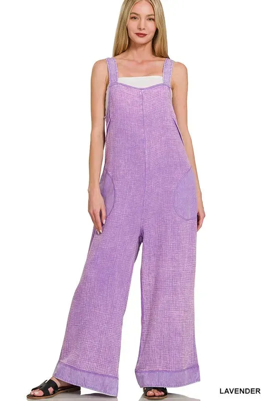 Zenana Double Gauze Washed Wide Leg Overalls sold by Charming Charlie