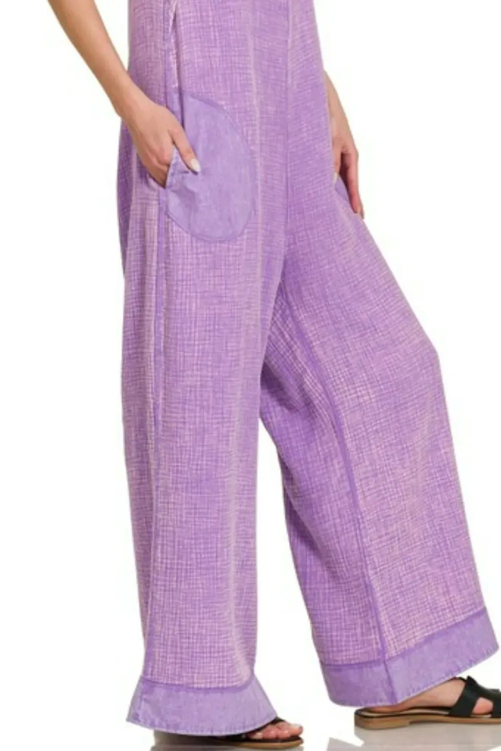 Zenana Double Gauze Washed Wide Leg Overalls sold by Charming Charlie product image thumbnail 3