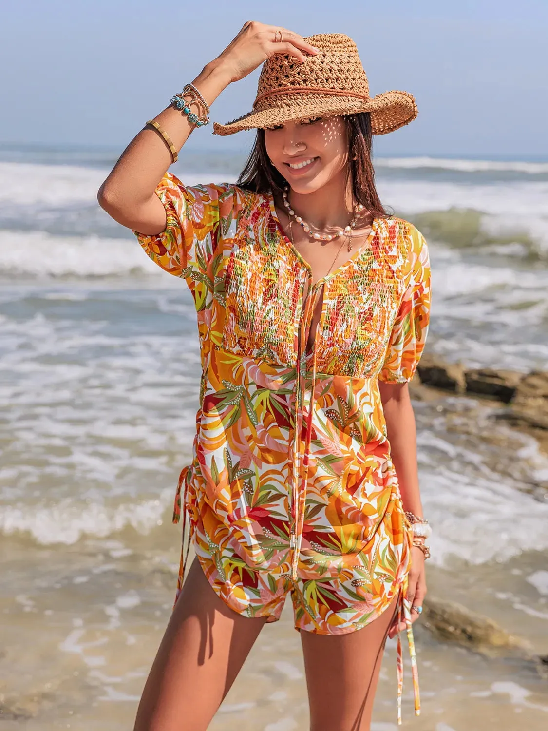 Smocked Printed Tie Neck Romper sold by Charming Charlie product image thumbnail 3