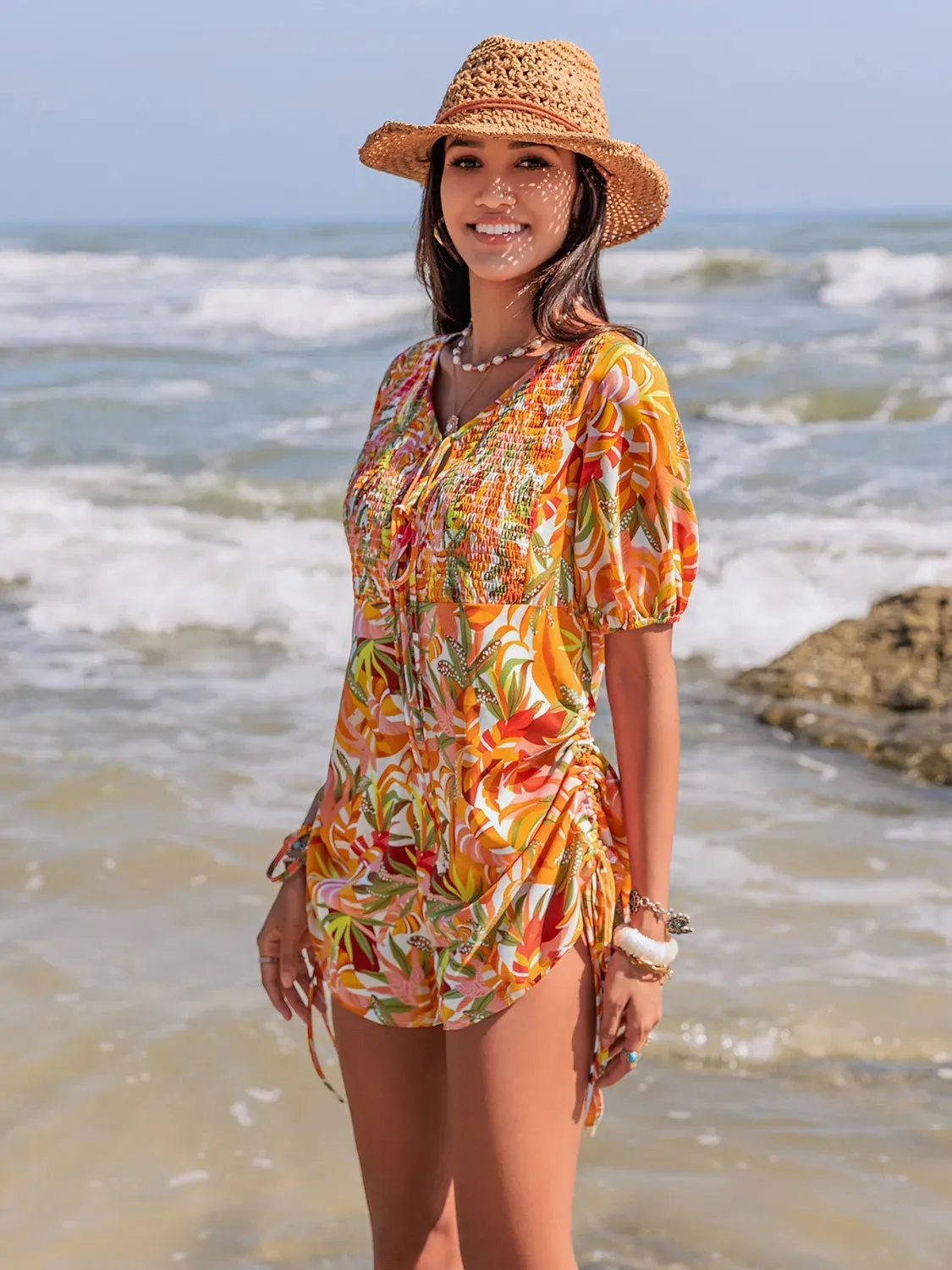 Smocked Printed Tie Neck Romper sold by Charming Charlie product image thumbnail 4