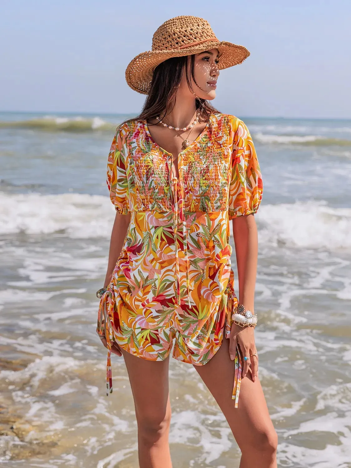 Smocked Printed Tie Neck Romper sold by Charming Charlie product image thumbnail 5