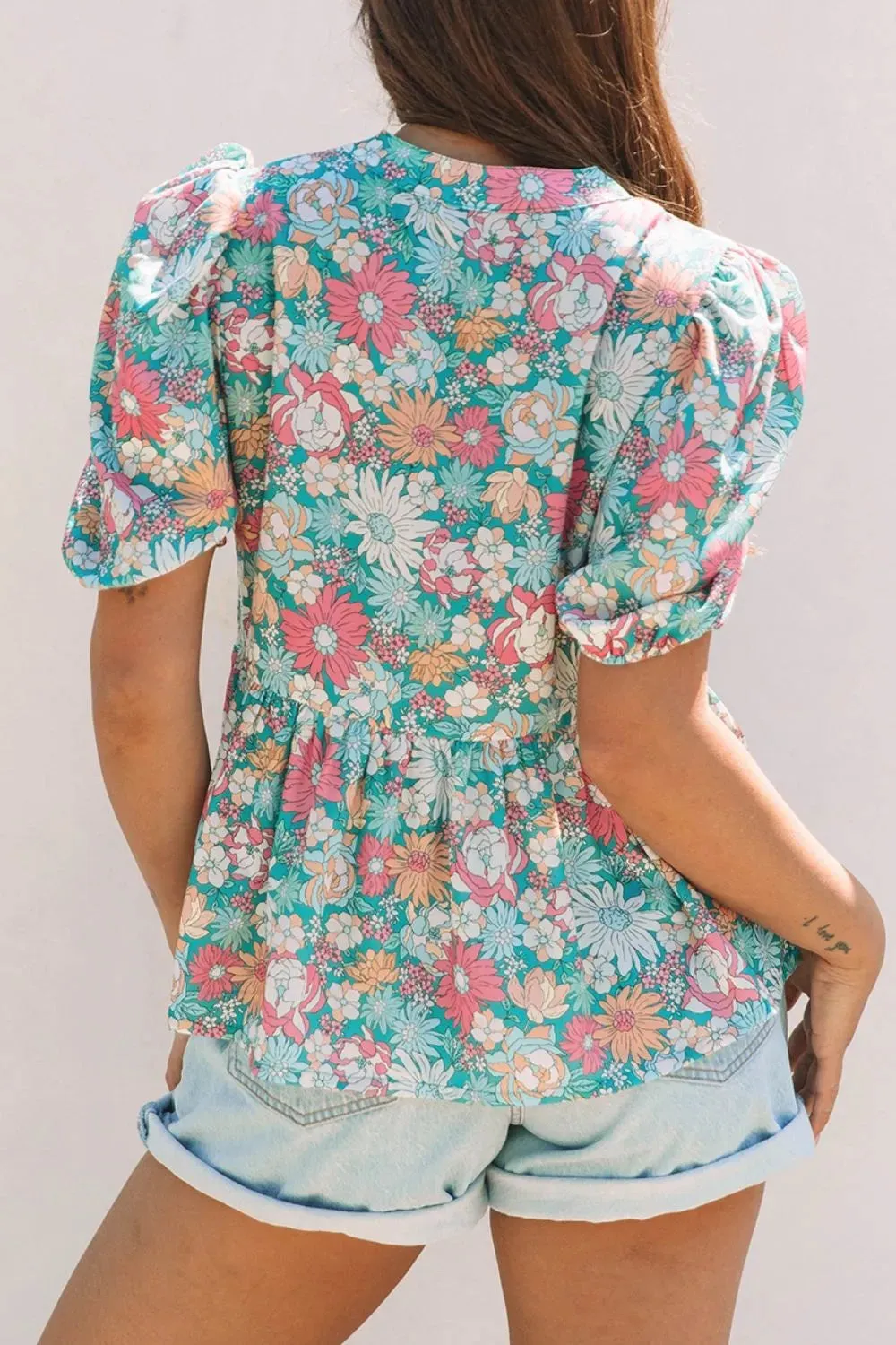 Multicolour Notched Neck Puff Short Sleeve Floral Blouse sold by Charming Charlie product image thumbnail 3