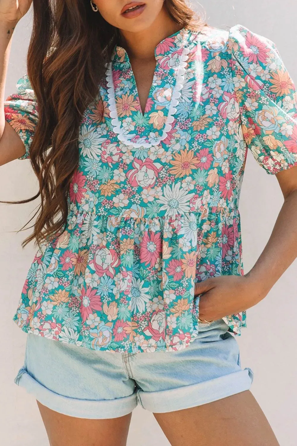 Multicolour Notched Neck Puff Short Sleeve Floral Blouse sold by Charming Charlie product image thumbnail 5