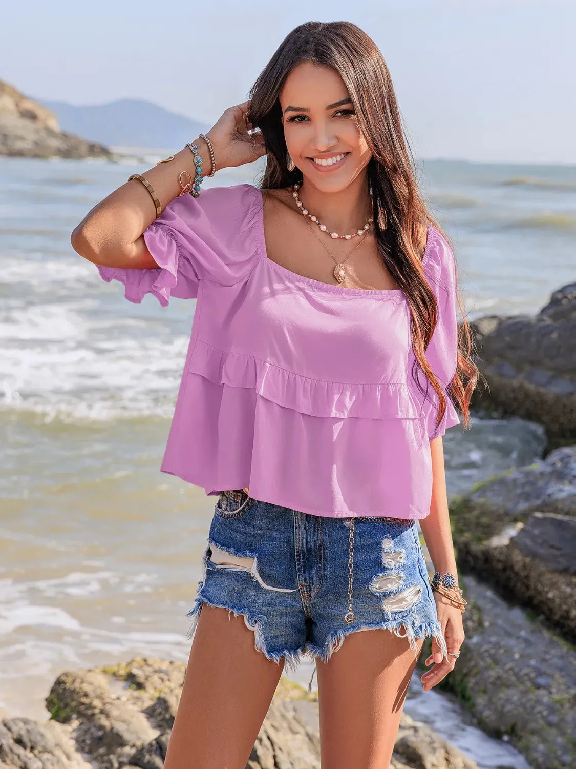 Ruffled Square Neck Half Sleeve Blouse sold by Charming Charlie product image thumbnail 2