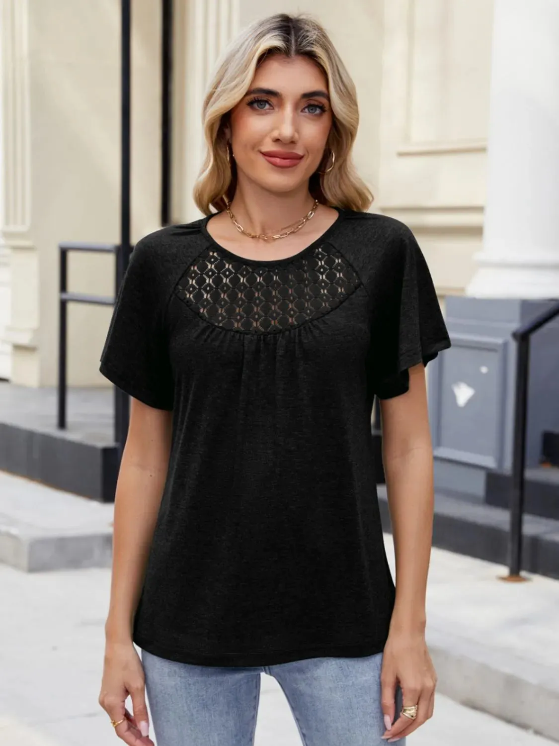 Lace Detail Round Neck Short Sleeve Blouse sold by Charming Charlie product image thumbnail 3