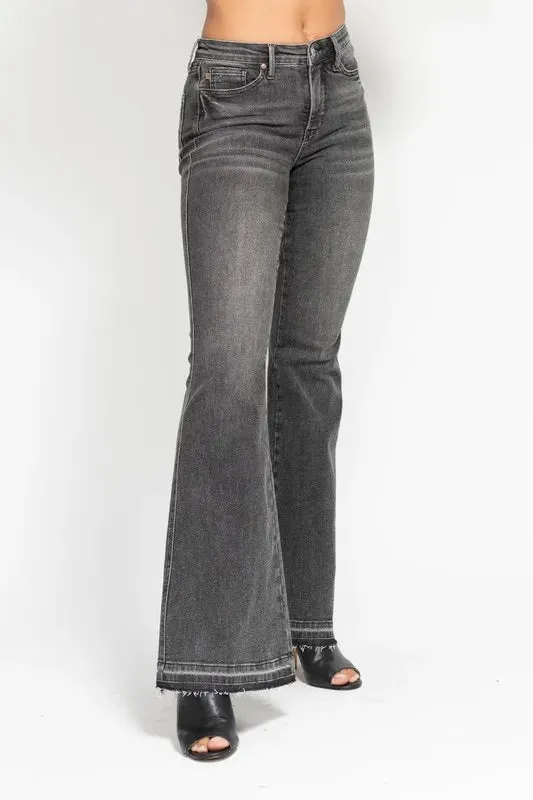Judy Blue Full Size Mid Rise Tummy Control Washed Gray Release Hem Flare Jeans Plus Size sold by Charming Charlie