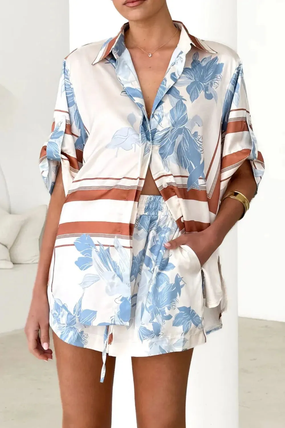 Printed Collared Neck Top and Shorts Set sold by Charming Charlie