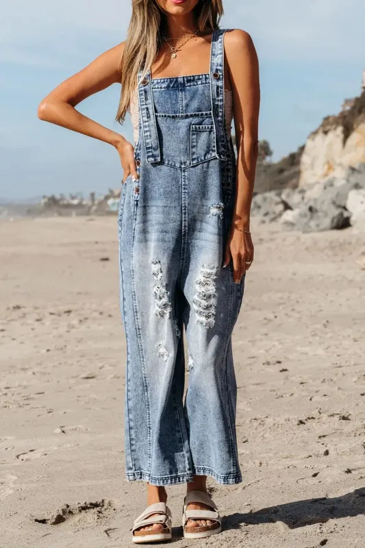 Distressed Bib Pocket Wide Leg Denim Overalls sold by Charming Charlie