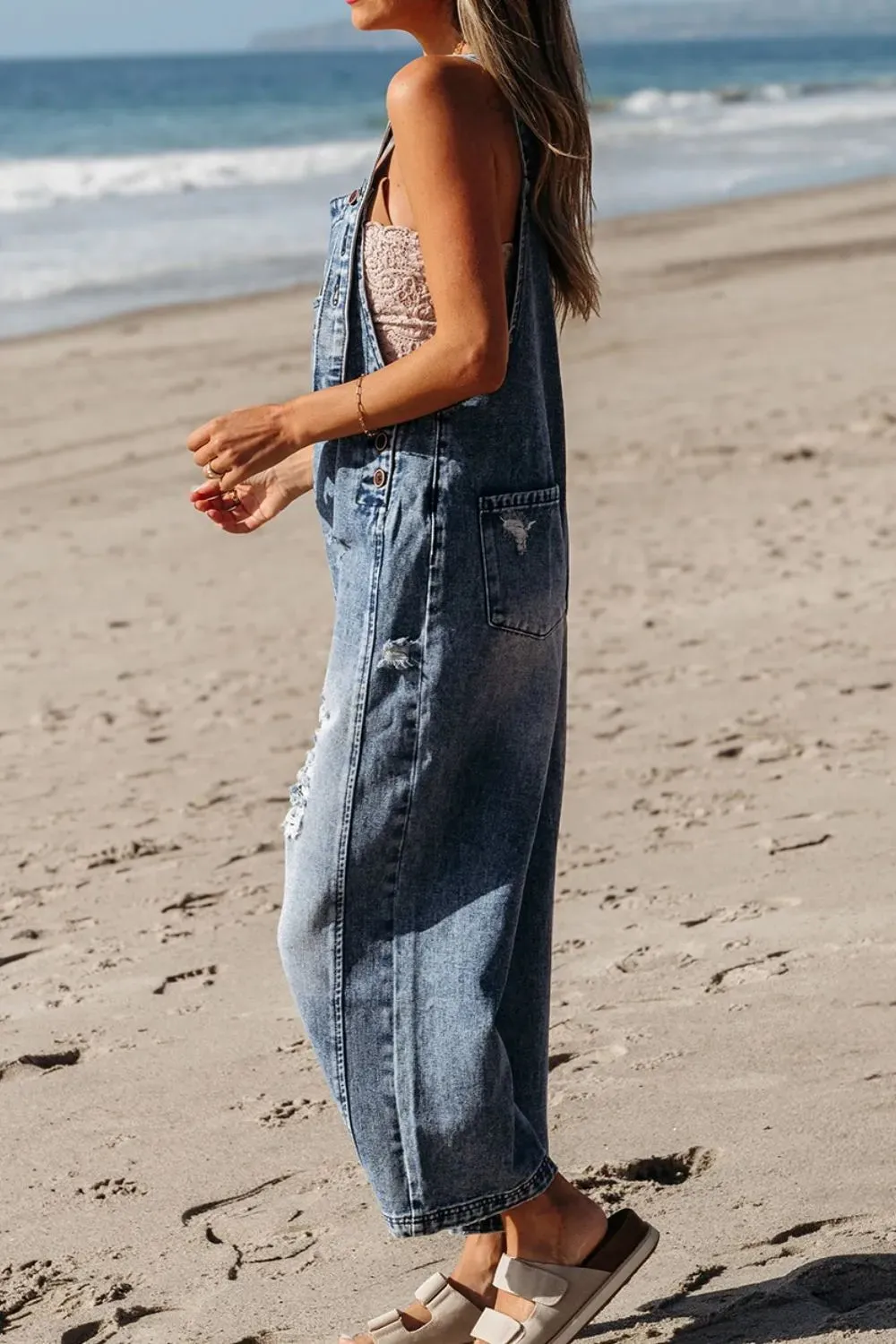 Distressed Bib Pocket Wide Leg Denim Overalls sold by Charming Charlie product image thumbnail 4