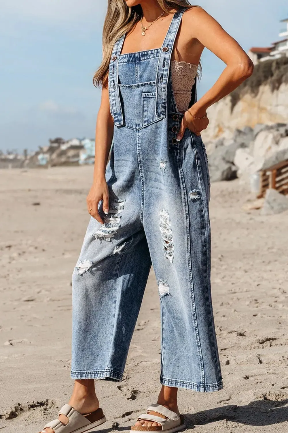 Distressed Bib Pocket Wide Leg Denim Overalls sold by Charming Charlie product image thumbnail 3
