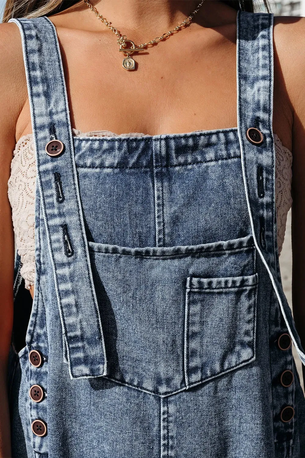 Distressed Bib Pocket Wide Leg Denim Overalls sold by Charming Charlie product image thumbnail 5