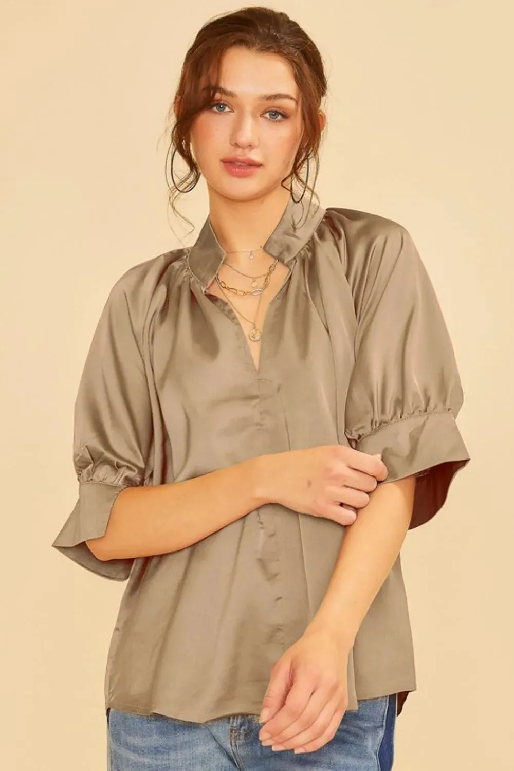 Annie Wear Satin V Neck Open Short Sleeve Woven Blouse Top sold by Charming Charlie