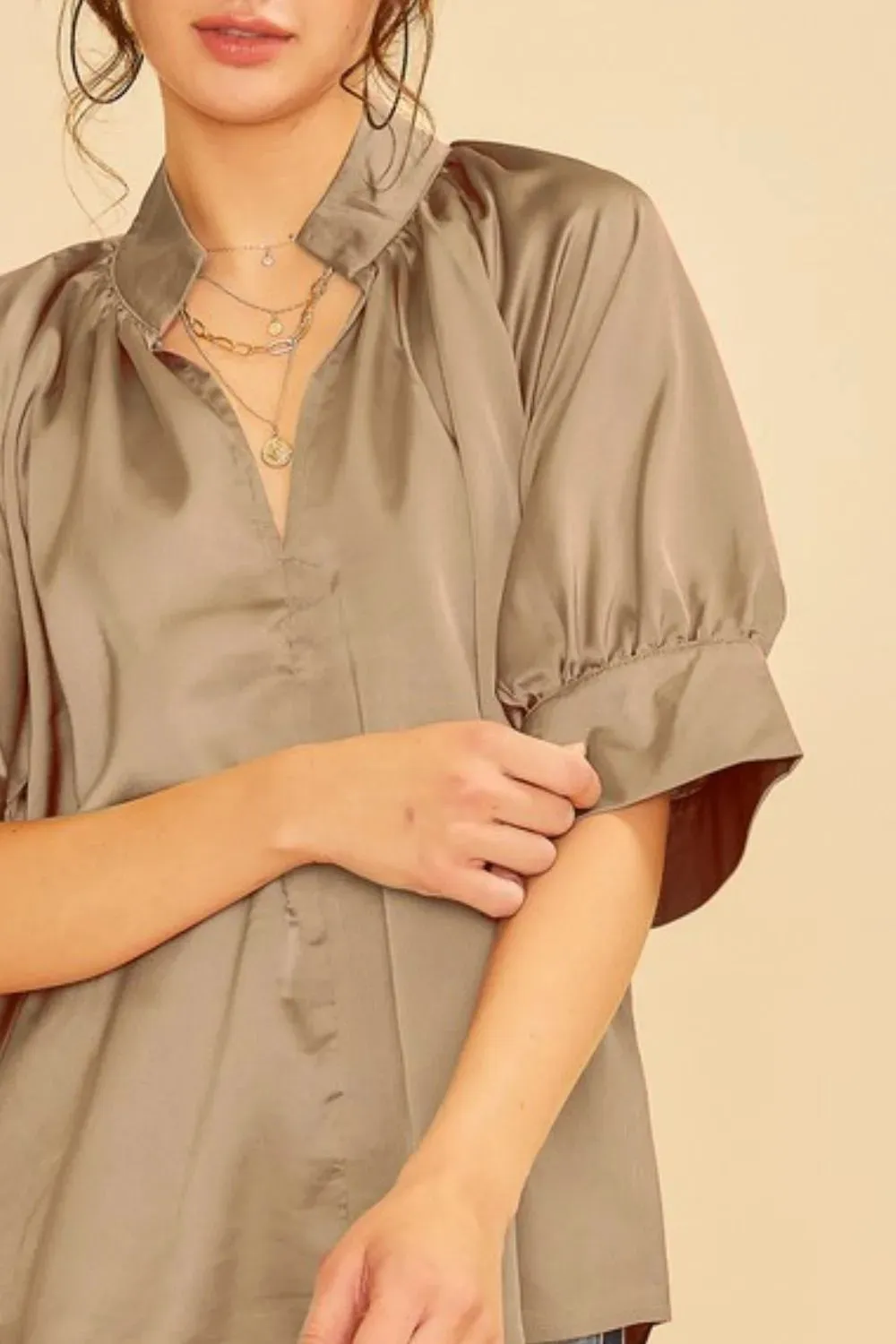 Annie Wear Satin V Neck Open Short Sleeve Woven Blouse Top sold by Charming Charlie product image thumbnail 2