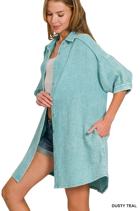Zenana Washed Double Gauze Button Down Shirt Dress sold by Charming Charlie product image thumbnail 2
