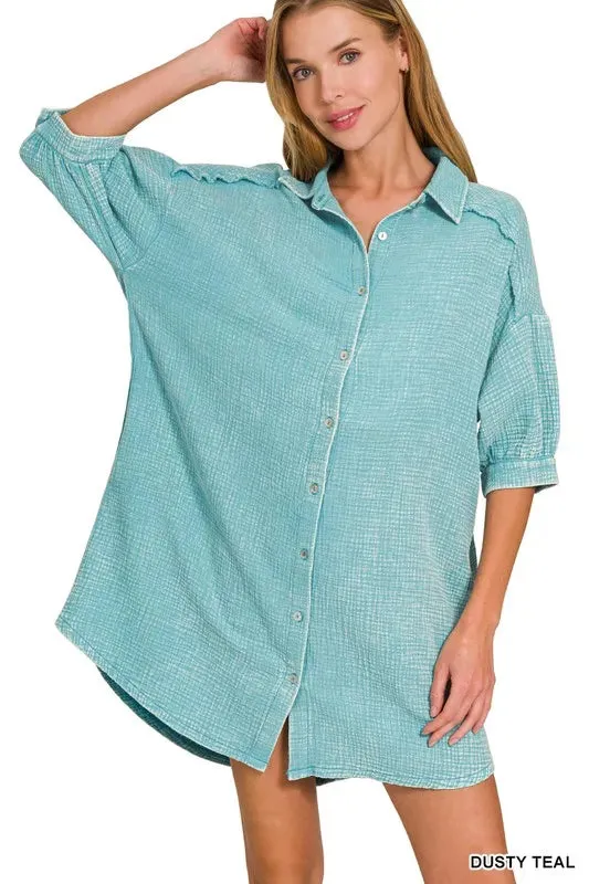 Zenana Washed Double Gauze Button Down Shirt Dress sold by Charming Charlie product image thumbnail 4