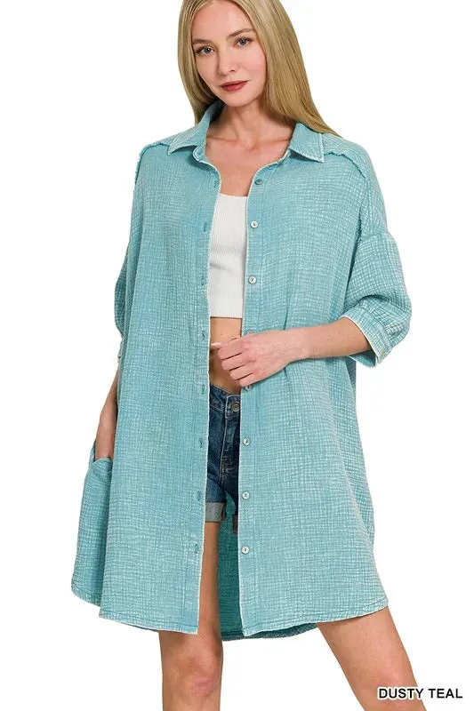 Zenana Washed Double Gauze Button Down Shirt Dress sold by Charming Charlie product image thumbnail 5