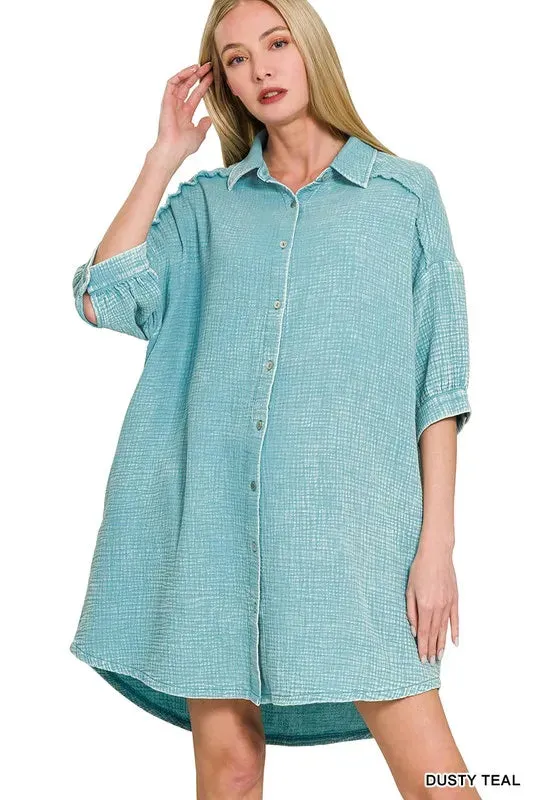 Zenana Washed Double Gauze Button Down Shirt Dress sold by Charming Charlie