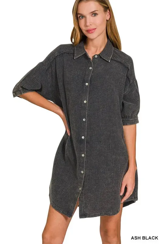 Zenana Washed Double Gauze Button Down Shirt Dress sold by Charming Charlie