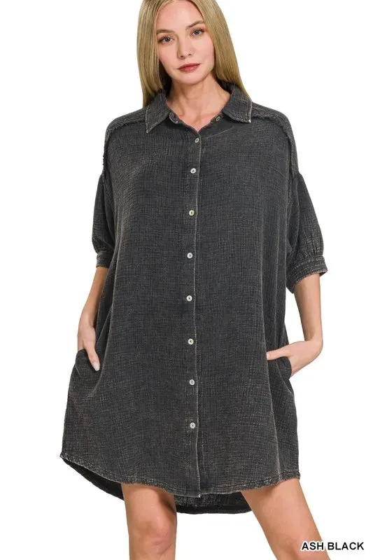 Zenana Washed Double Gauze Button Down Shirt Dress sold by Charming Charlie product image thumbnail 4