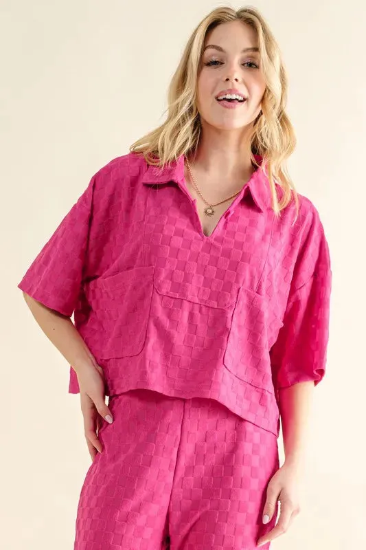 And The Why Brushed Texture Checker Board Pattern Casual Top sold by Charming Charlie