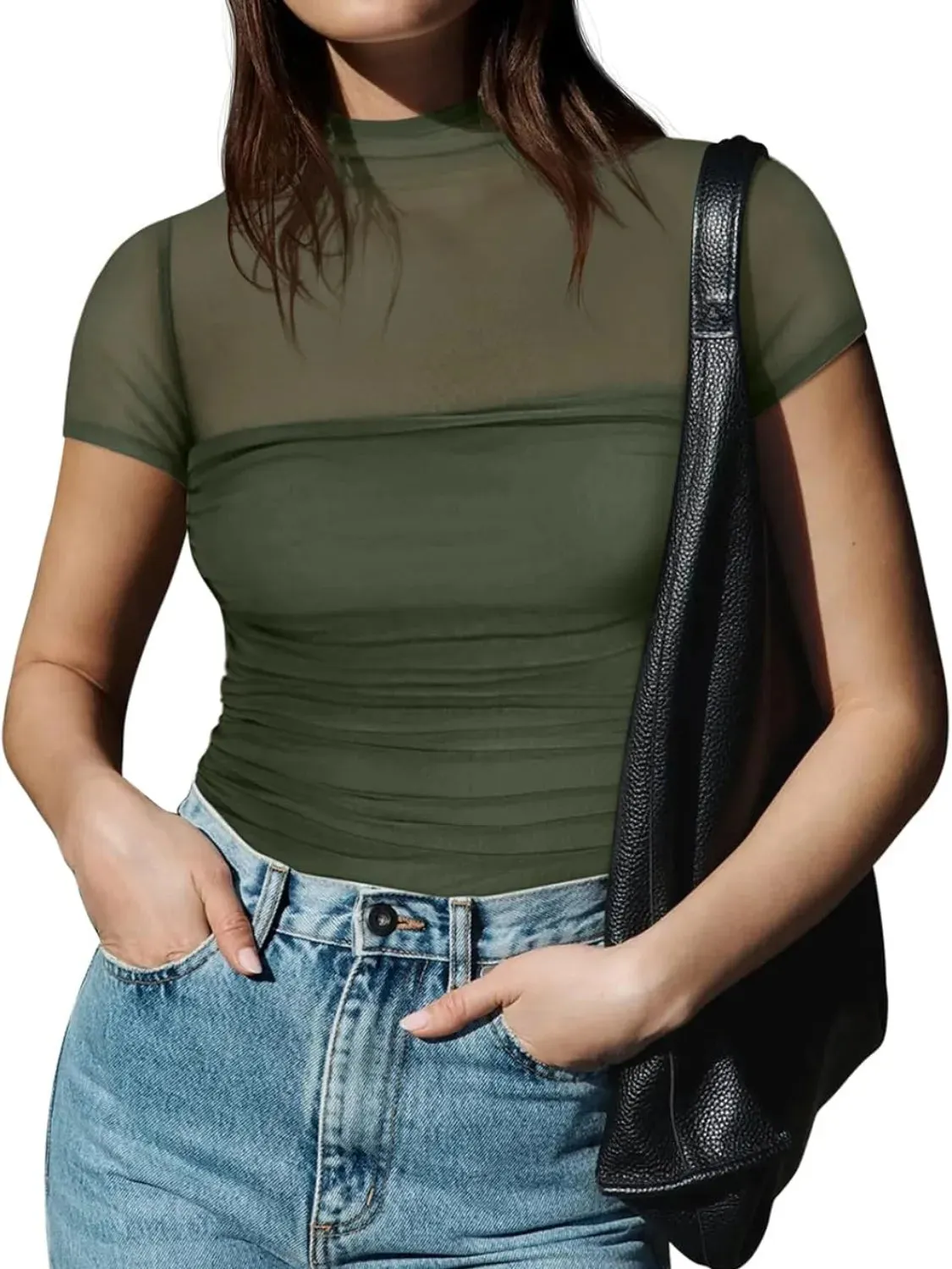 Mesh Mock Neck Short Sleeve T-Shirt sold by Charming Charlie product image thumbnail 3