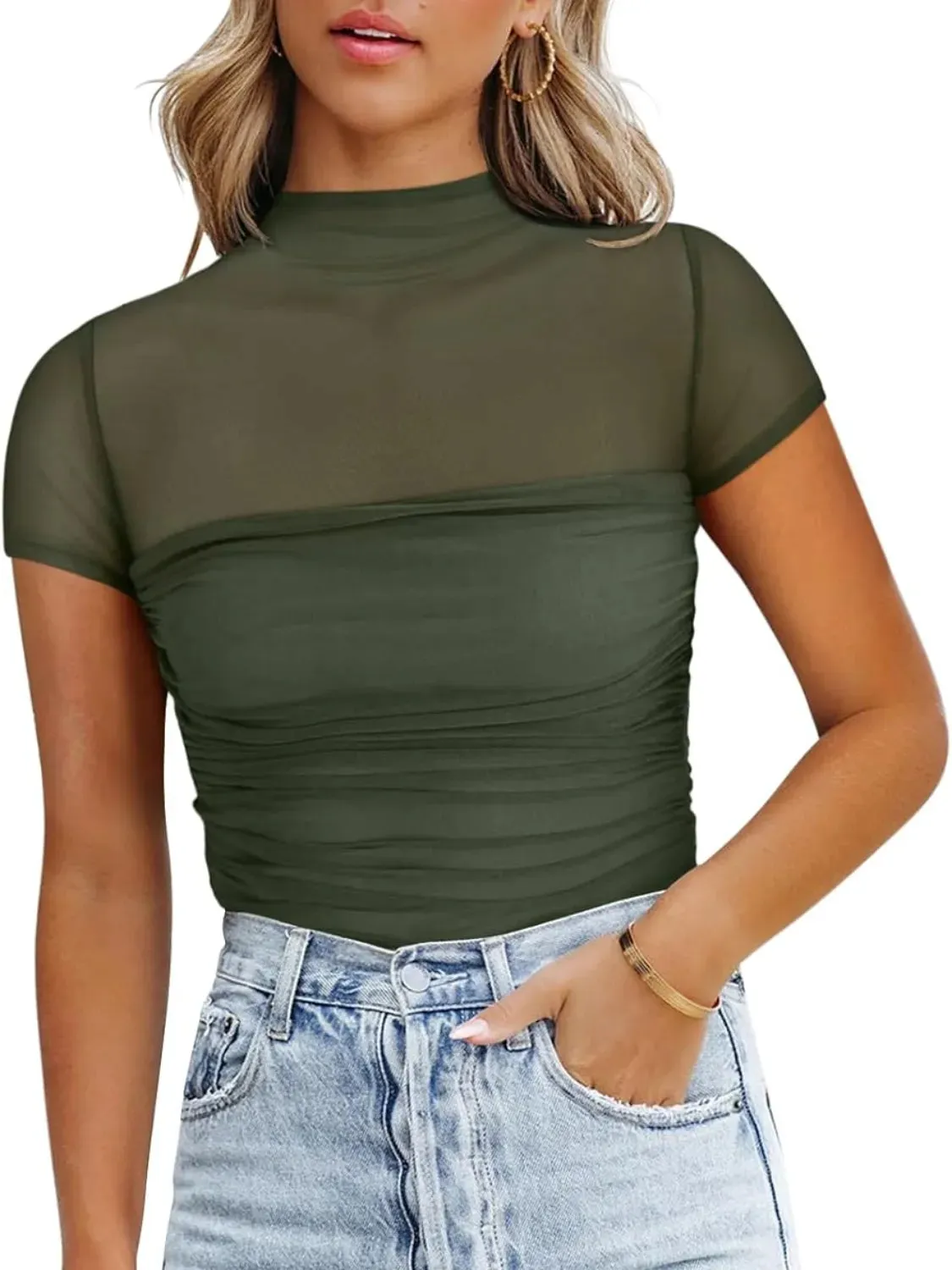 Mesh Mock Neck Short Sleeve T-Shirt sold by Charming Charlie product image thumbnail 2