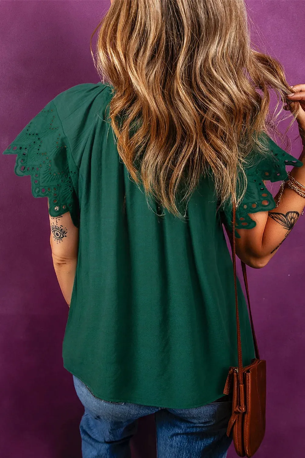 Eyelet Embroidered Sleeve Tie Neck Blouse sold by Charming Charlie product image thumbnail 2