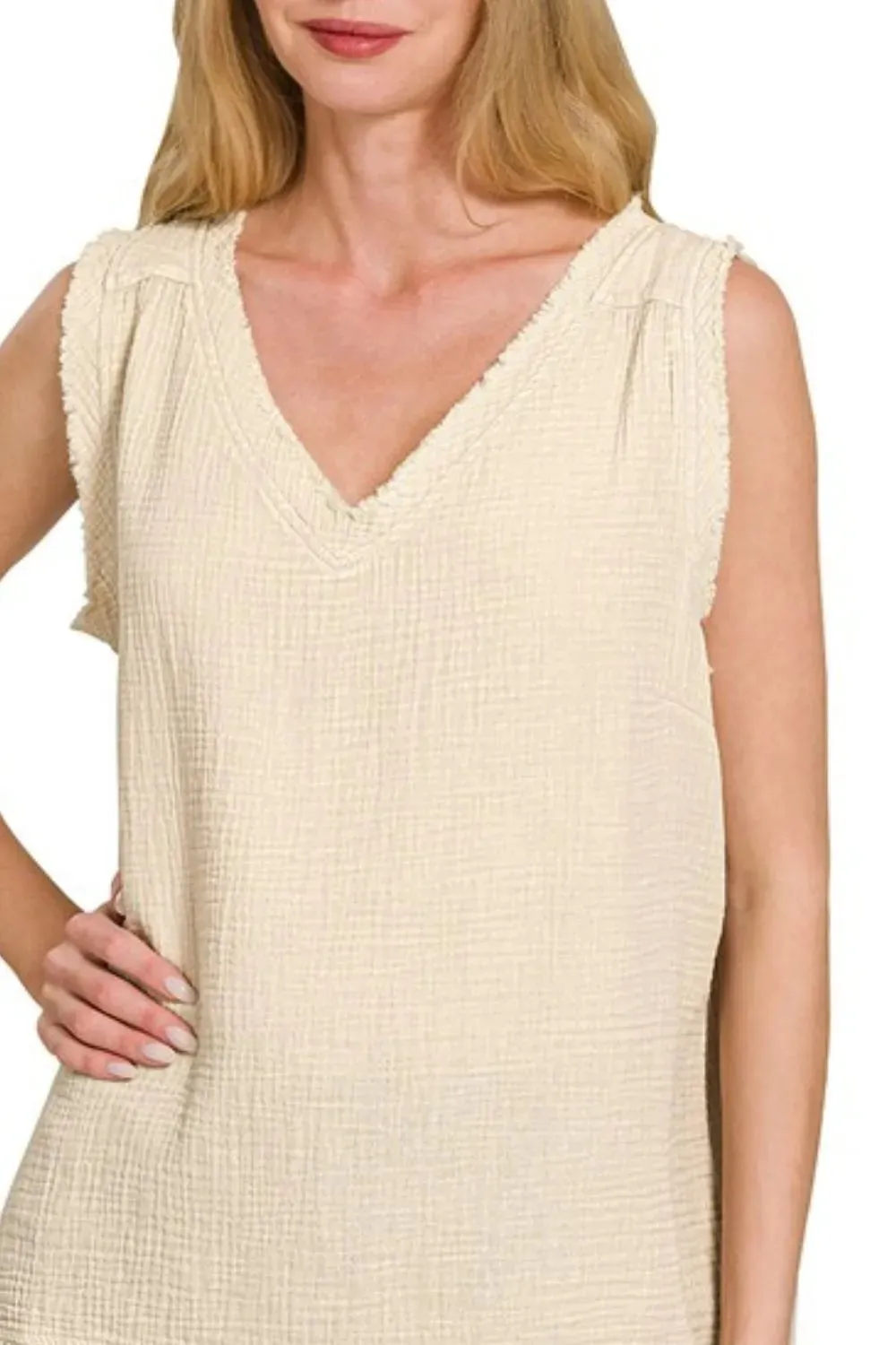 Zenana Double Gauze Raw Edge Acid Washed Tank sold by Charming Charlie product image thumbnail 2