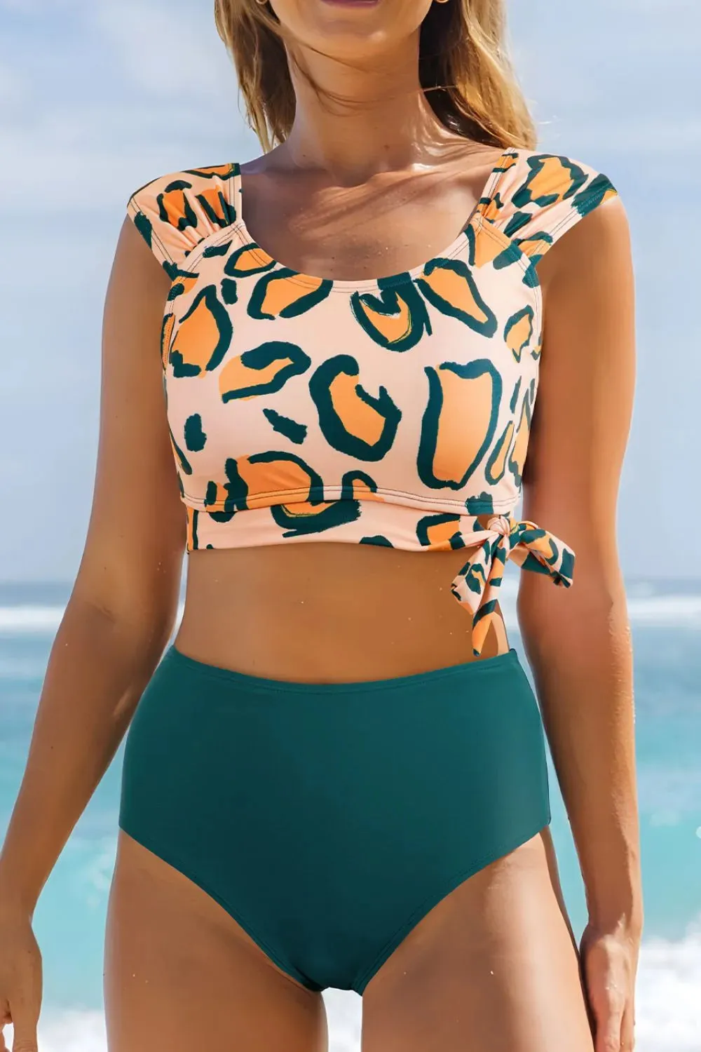 Leopard Print U Neck Knotted High Waist Bikini Set sold by Charming Charlie