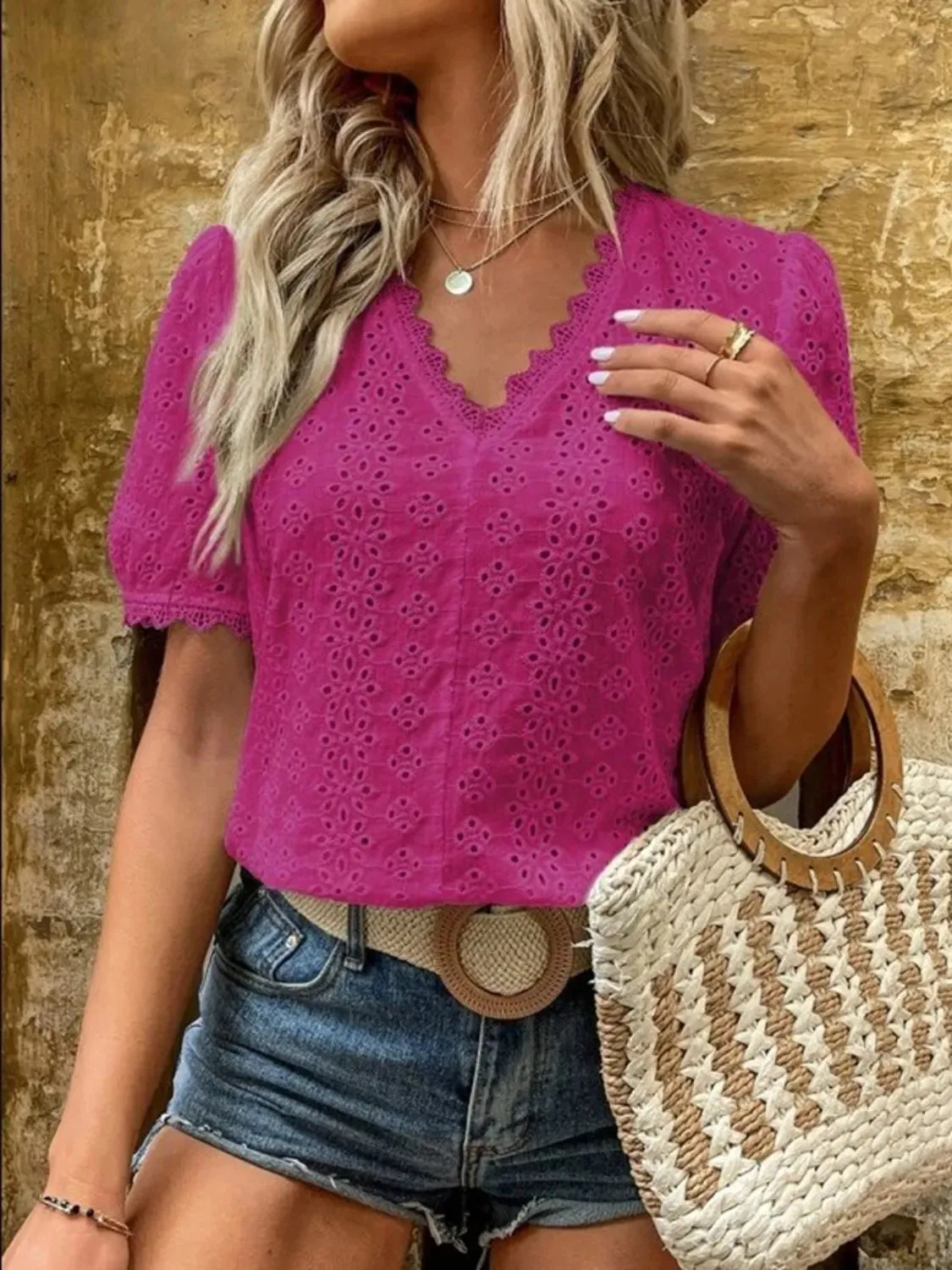 Full Size Eyelet V-Neck Short Sleeve Blouse Plus Size sold by Charming Charlie product image thumbnail 3