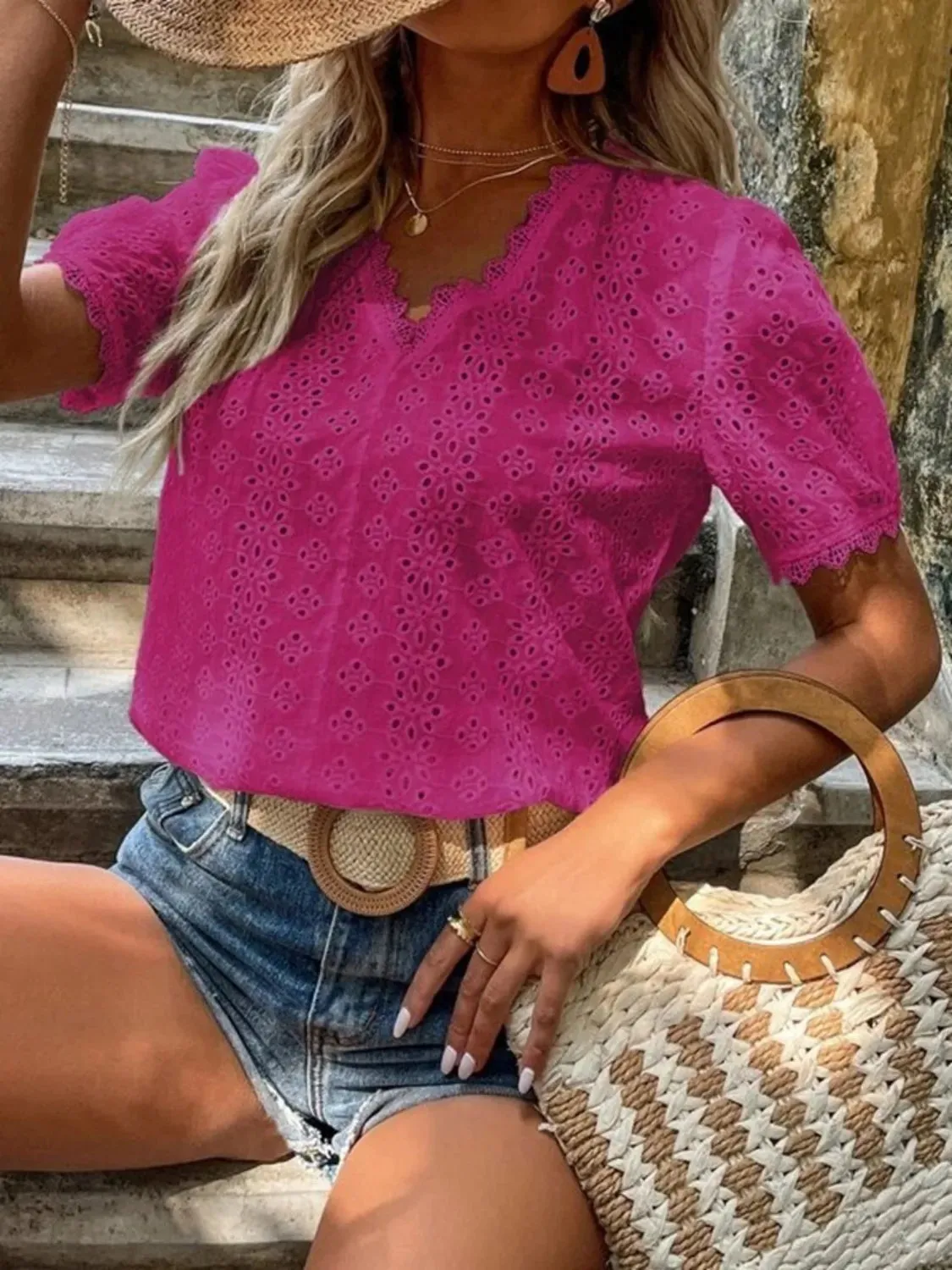 Full Size Eyelet V-Neck Short Sleeve Blouse Plus Size sold by Charming Charlie product image thumbnail 2