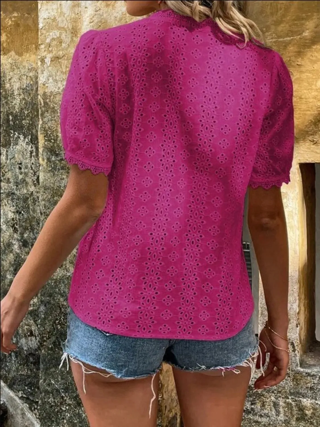 Full Size Eyelet V-Neck Short Sleeve Blouse Plus Size sold by Charming Charlie product image thumbnail 5