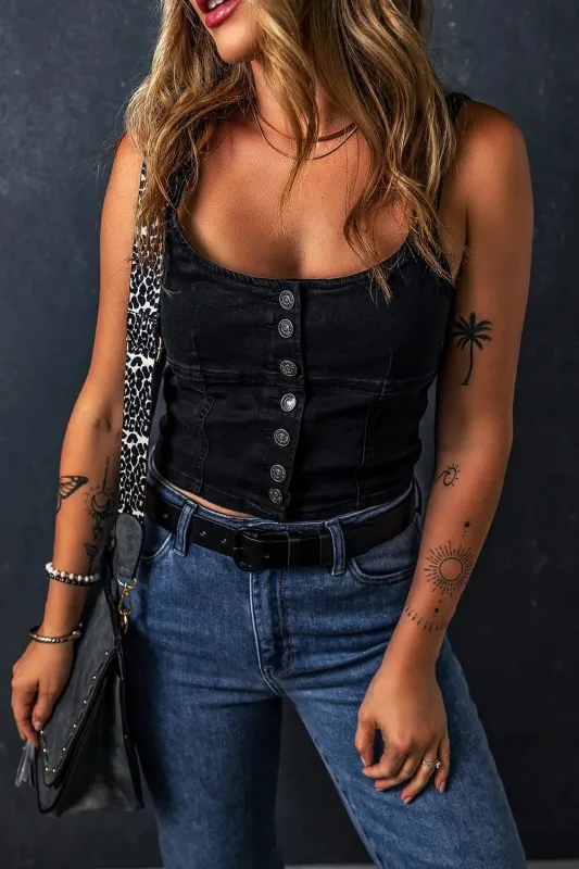 Acid Wash Buttoned Cropped Slim Denim Tank Top sold by Charming Charlie