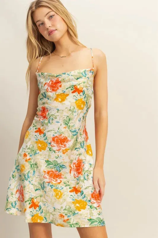 HYFVE Floral Cowl Neck Flirty Satin Mini Dress sold by Charming Charlie