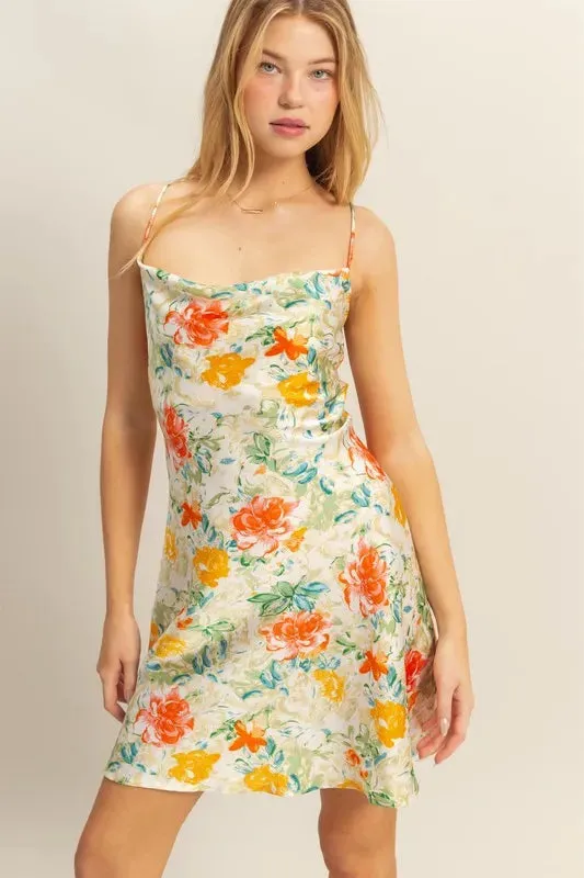 HYFVE Floral Cowl Neck Flirty Satin Mini Dress sold by Charming Charlie product image thumbnail 2