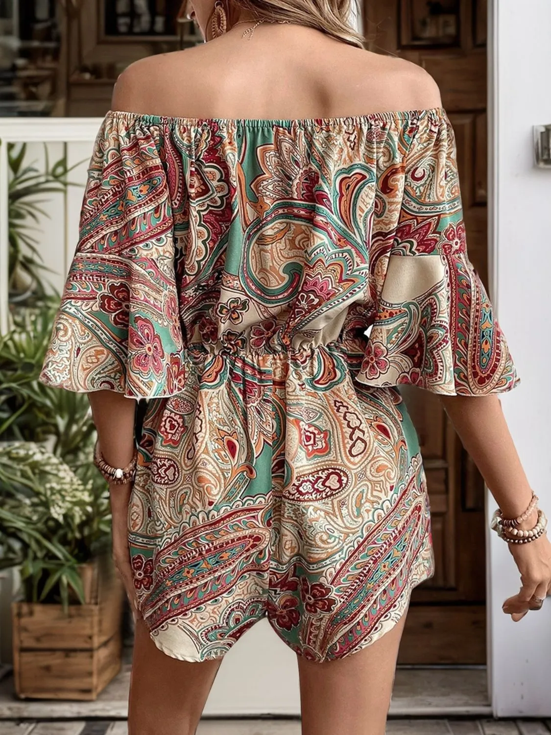Printed Off Shoulder Half Sleeve Romper sold by Charming Charlie product image thumbnail 2