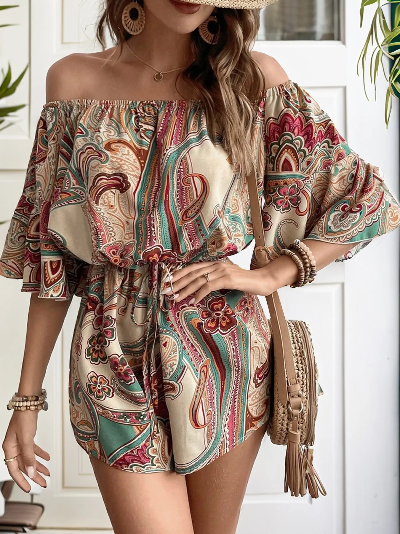 Printed Off Shoulder Half Sleeve Romper sold by Charming Charlie product image thumbnail 3