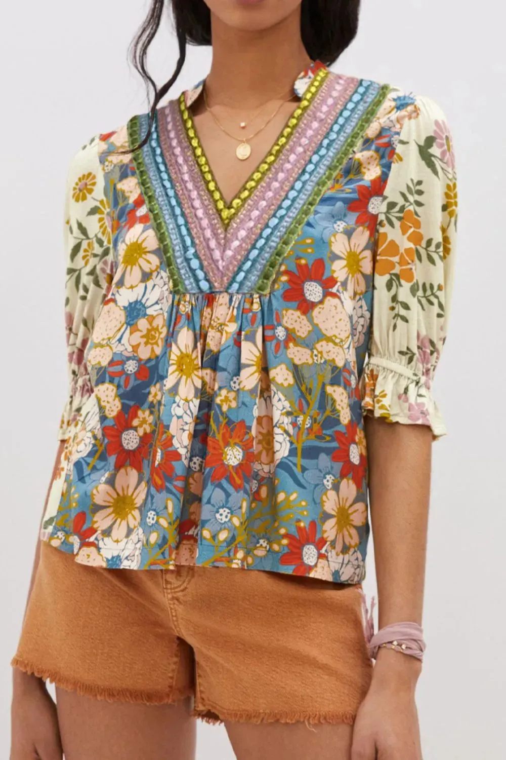 Multicolour Crochet V Neck Half Sleeve Boho Floral Blouse sold by Charming Charlie product image thumbnail 4