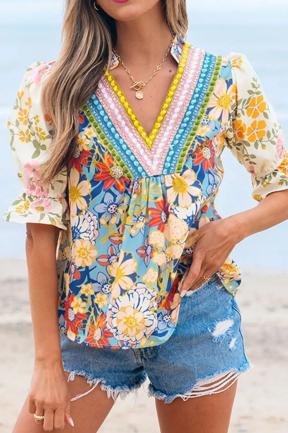 Multicolour Crochet V Neck Half Sleeve Boho Floral Blouse sold by Charming Charlie