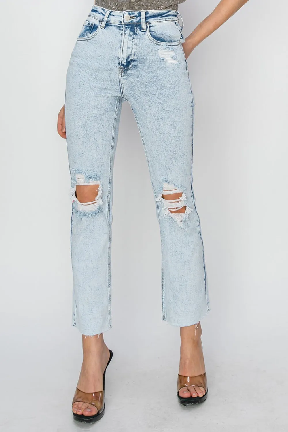 RISEN High Rise Distressed Ankle Jeans sold by Charming Charlie