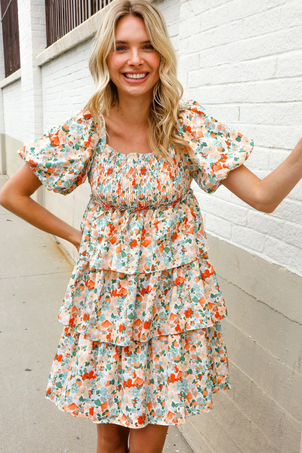 Find Love Floral Print Smocked Neck Puff Sleeve Ruffle Tiered Dress sold by Charming Charlie product image thumbnail 2