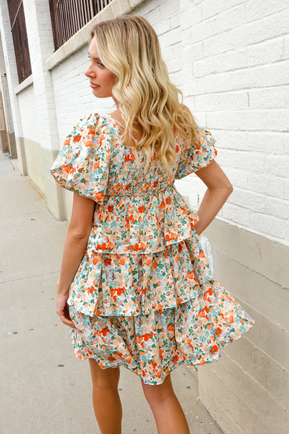 Find Love Floral Print Smocked Neck Puff Sleeve Ruffle Tiered Dress sold by Charming Charlie product image thumbnail 3
