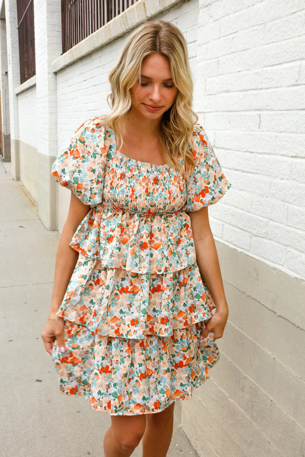 Find Love Floral Print Smocked Neck Puff Sleeve Ruffle Tiered Dress sold by Charming Charlie product image thumbnail 5