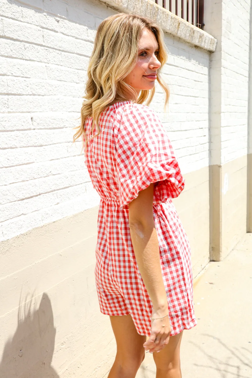 Festival Ready Cotton Red Checker Elastic V Neck Romper sold by Charming Charlie product image thumbnail 3
